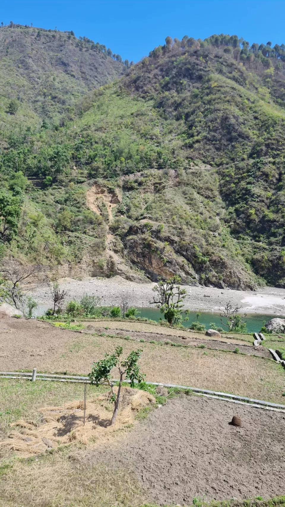 The blue sky,verdant hills and the emerald Alaknanda in Rudraprayag